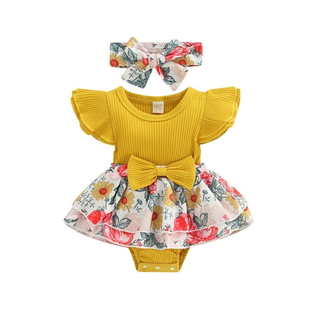 

JINSIJU Baby Girls Romper Outfit Infant Sweet Style Fly Sleeve Floral Printing Skirt Splicing Round Collar Bow Jumpsuit + Headwear Set