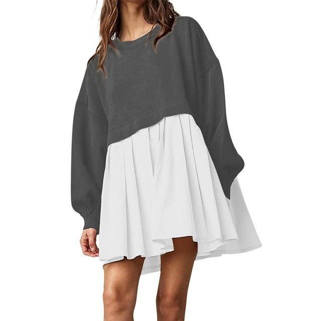 Womens Oversized Sweatshirt Dress Long Flowy Patchwork Pullover Tops Cute Drop Shoulder Sweatshirts Fall Long Sleeve Mini Dress Teen Girls Crewneck Solid Tunic Pleated Loose Clothing Beig