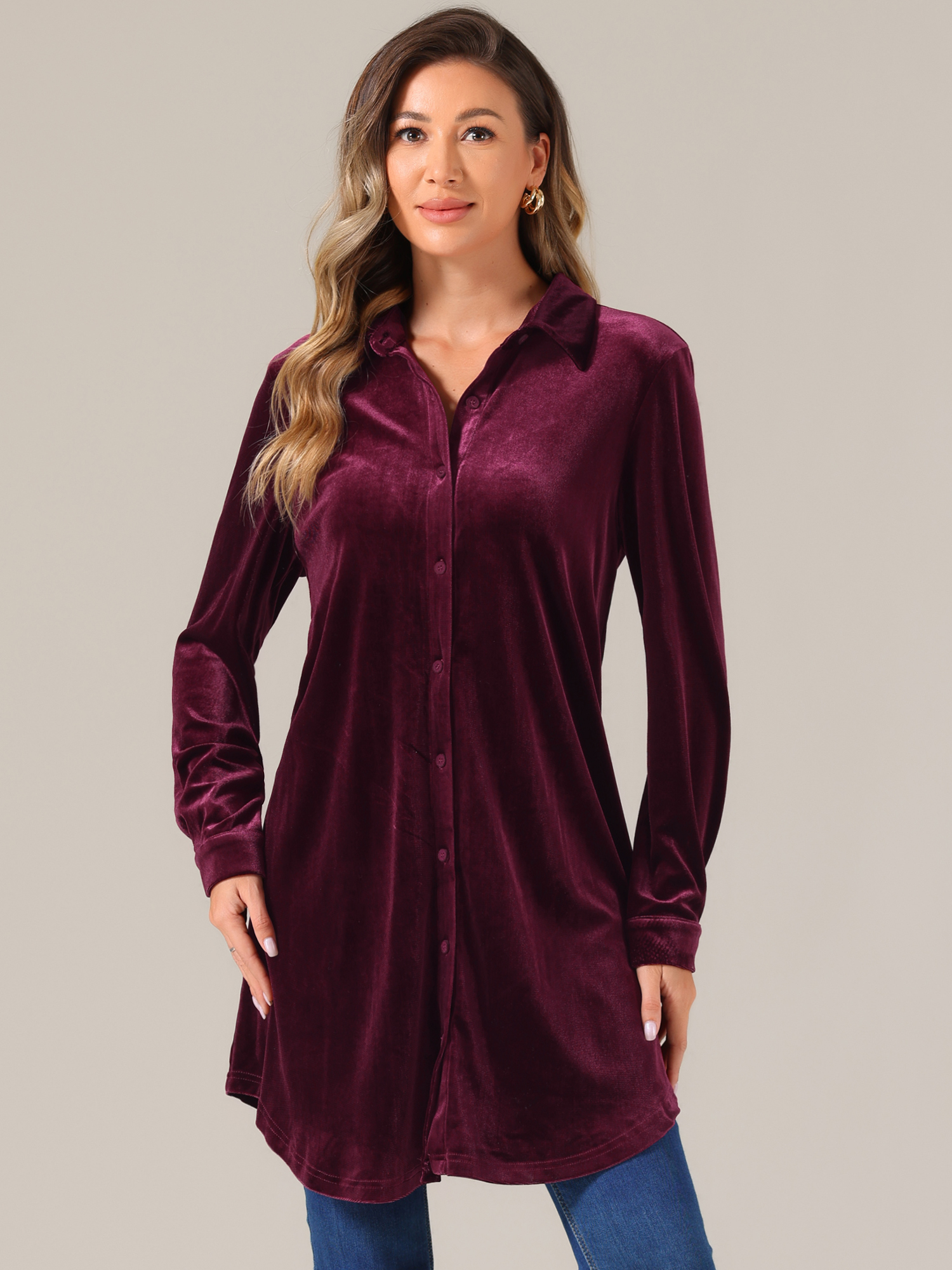 DARING DIVA Women's Velvet Tunic Tops Casual Long Sleeve Shirt Dress Dark Purple Red XS