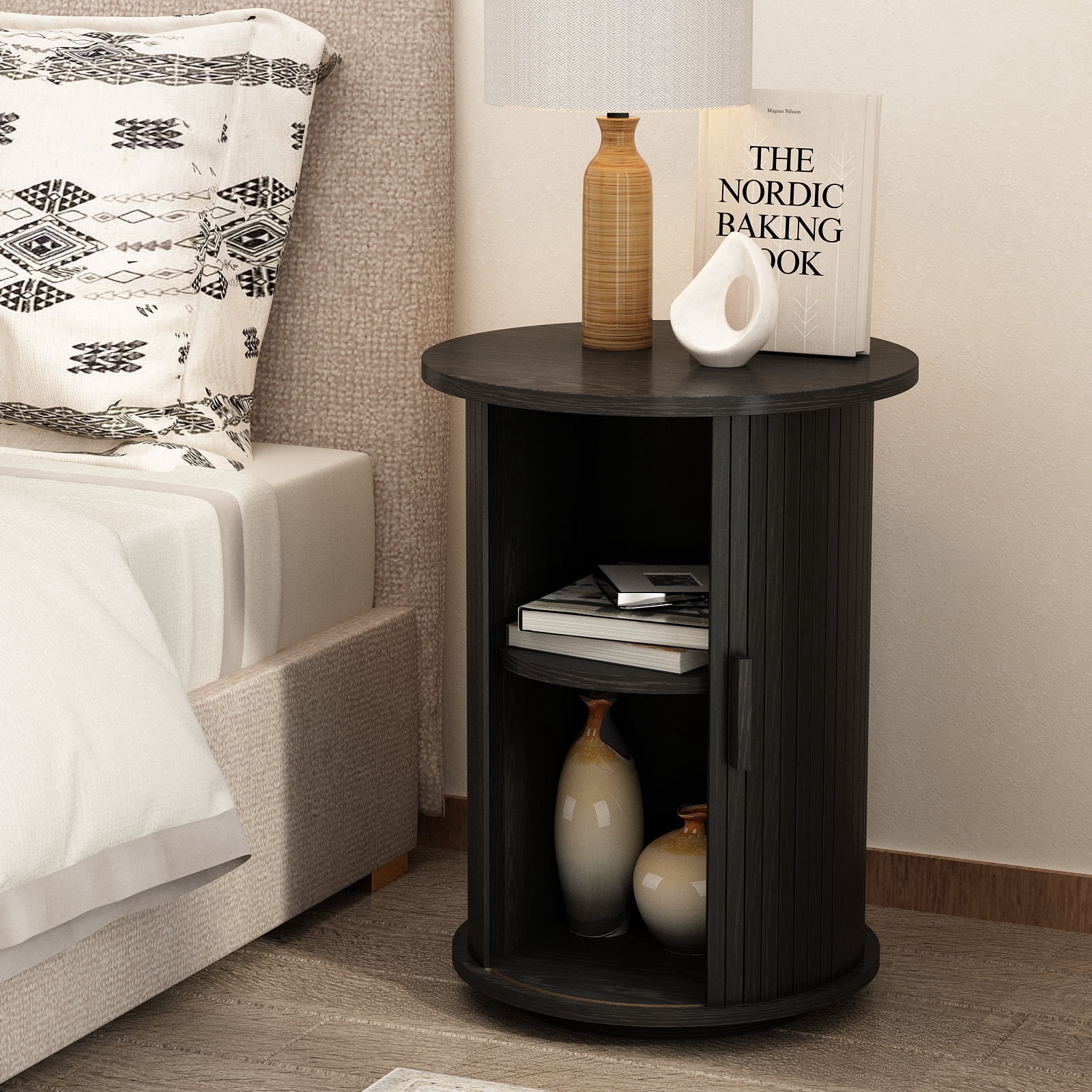 18'' Fluted Round End Tables with Sliding Door, Modern Side Table Nightstands for Living Room Bedroom, Black