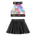 thumbnail image 3 of iiniim Kids Girls Sequins Letters Printed Crop Tank Top with Pleated Skirt Ballet Jazz Hip Hop Dance Costume Size 2-12 Colorful&Black 11-12, 3 of 7