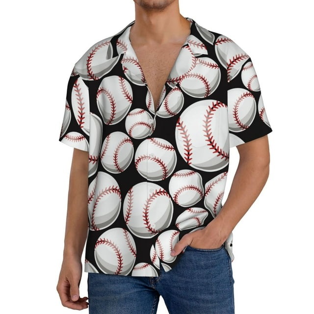 Xecao Cute Baseball Pattern Men's Short-Sleeve Cuban Collar Button-Down Shirt with Chest Pocket Lightweight Tropical Vacation Shirt-Small