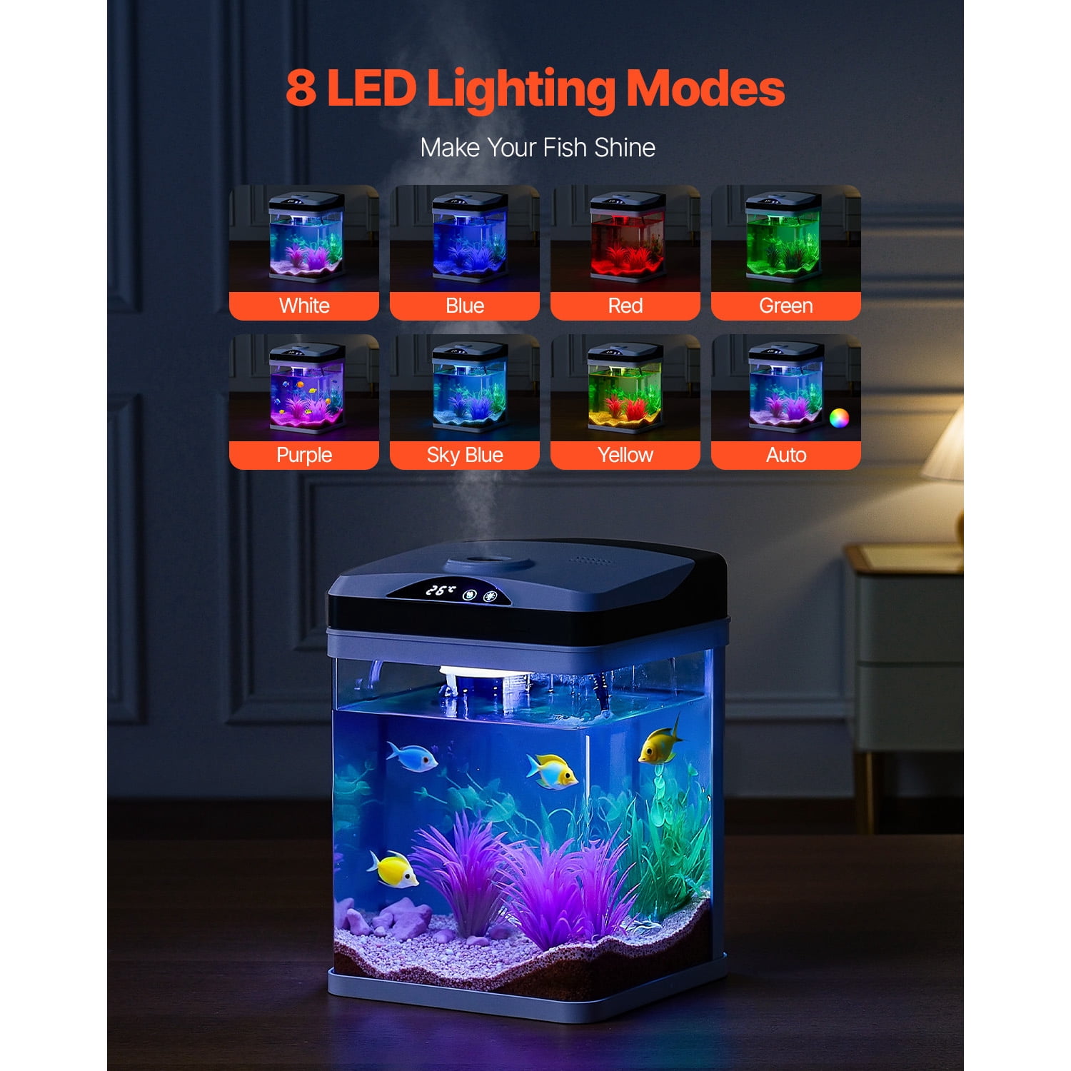 KFFKFF 2-Gallon LED Glass Aquarium with Temperature Display, Adjustable 7-Color Lighting, Self-Cleaning System for Freshwater and Saltwater Fish, Ideal for Home, Office, and Pets