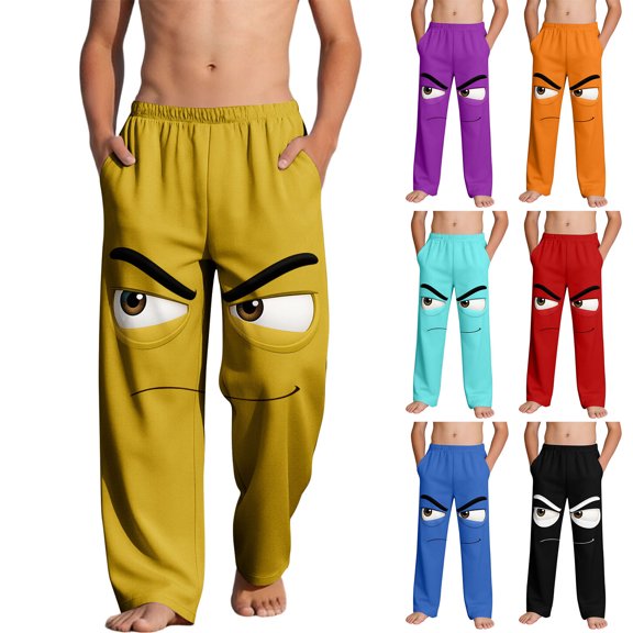 Lovzfmll Boy's Pants, Funny Face Print Straight Leg with Pockets, Casual Vacation Beach Pants for Little Boys 6-7 Years
