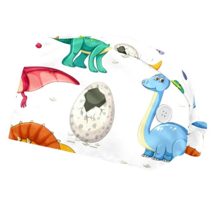 

2PCS Working Cap with Buttons and Sweatband Adjustable Tie Back Hats Bouffant Caps Dinosaur Scrub Turban Hat