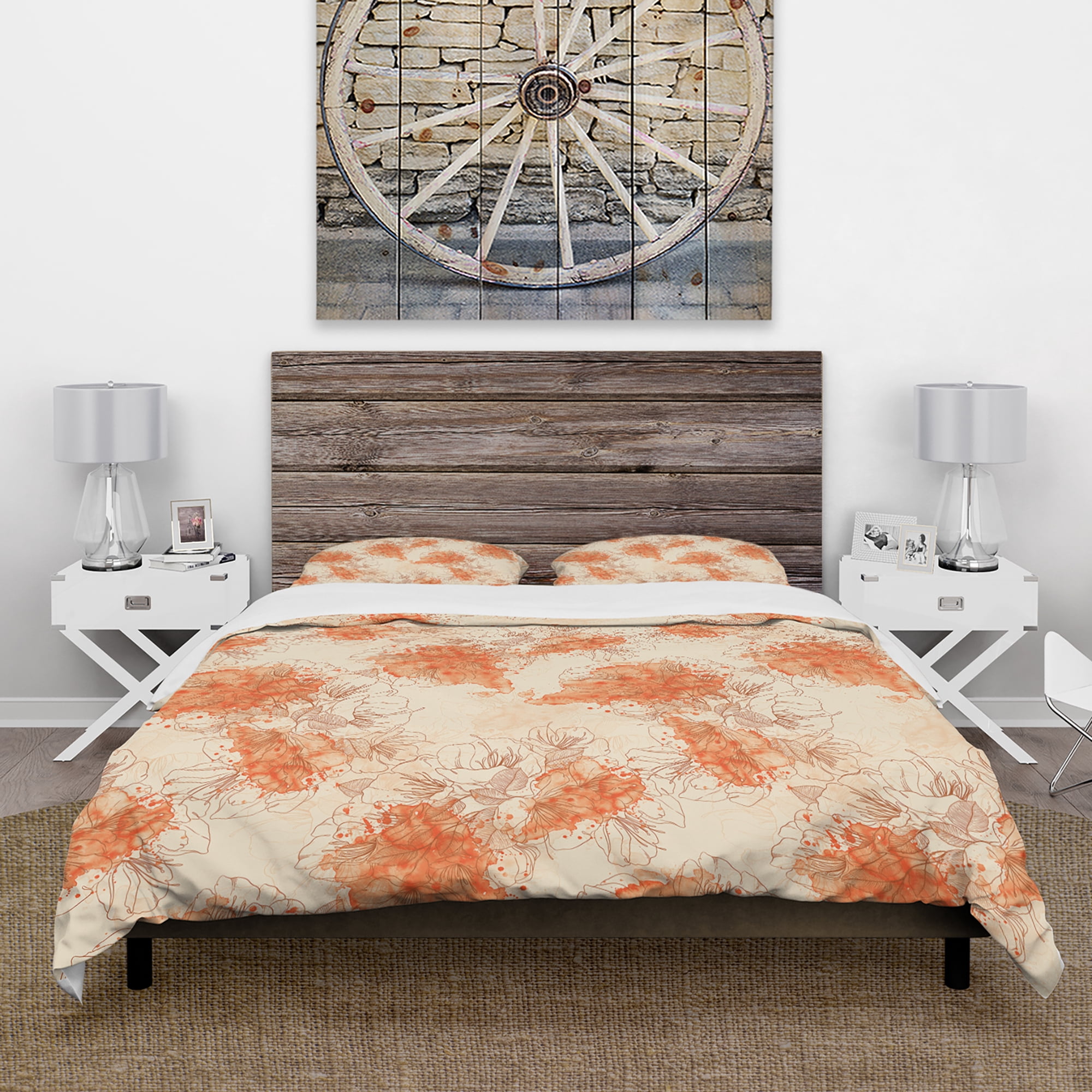 Designart 'Handdrawn Asian Flowers with Orange Watercolor' Floral Duvet Cover Set