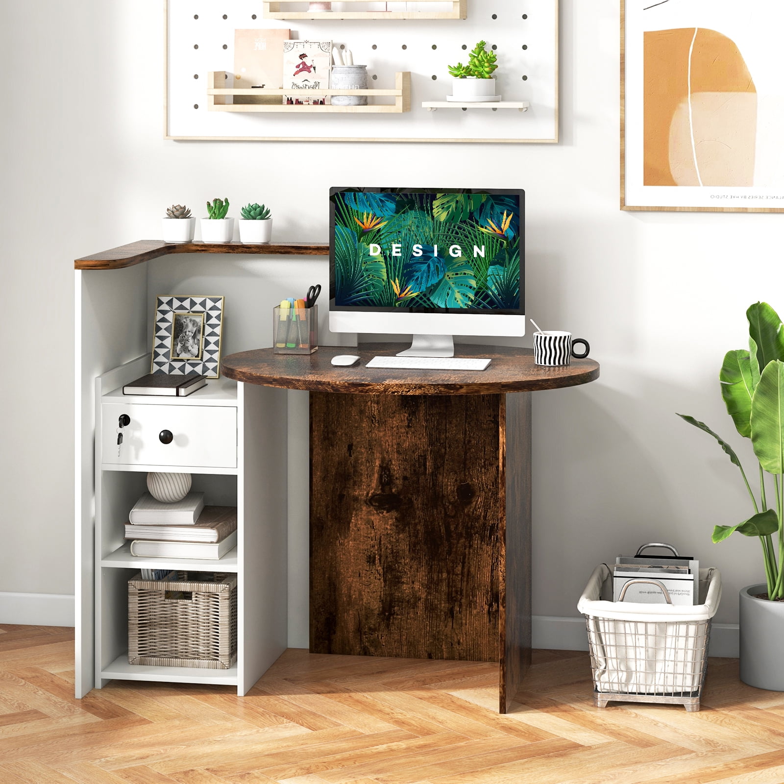 Giantex Reception Desk, Computer Workstation w/Lockable Drawer & Open Shelves, Checkout Counter, Rustic Brown & White