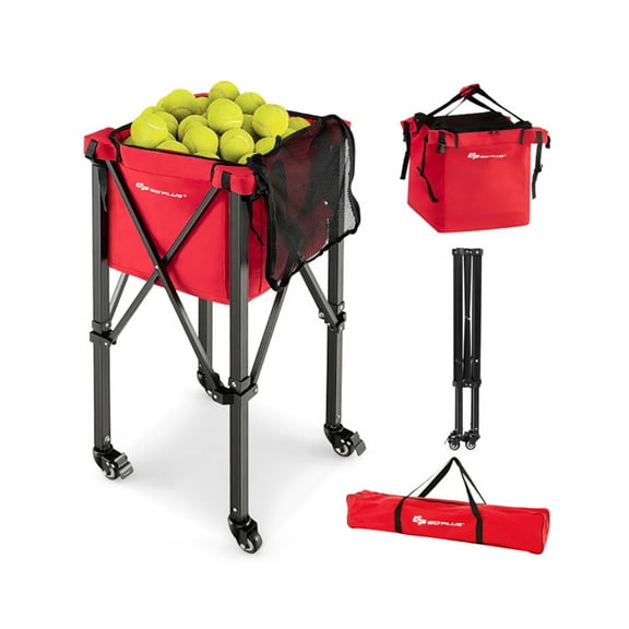 Demifill Lightweight Foldable Tennis Ball Teaching Cart with Wheels and Removable Bag, Holds 180 balls Wheeled Tennis Ball Sports Teaching Carts, Foldable Tennis Cart for Outdoor, Red