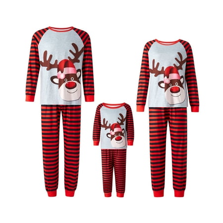 

Parent-Child Pajama Set Christmas Cartoon Elk Print Tops + Striped Pants Family Clothing Set