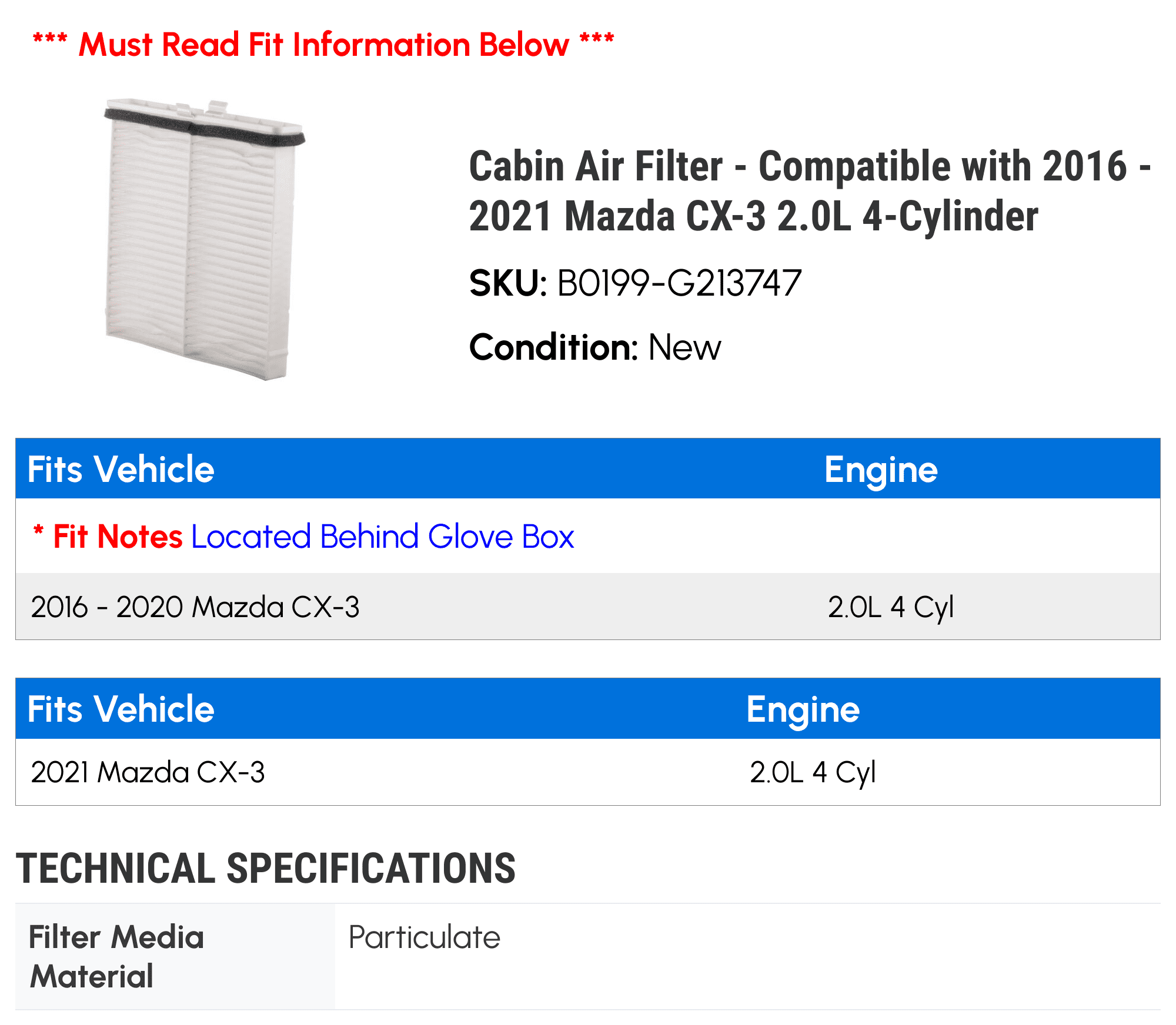 Cabin Air Filter - Compatible with 2016 - 2021 Mazda CX-3 2.0L 4-Cylinder 2017 2018 2019 2020
