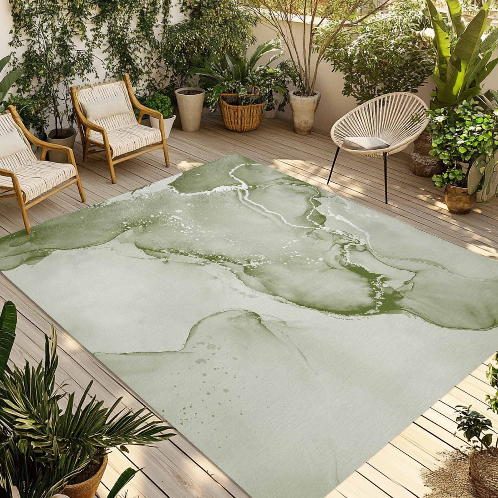 Outdoor Rug 5x8ft Sage Green Marble Large Area Rug Abstract Waves Cloud Indoor Outdoor Carpet Outdoor Rugs Mats for Patio Camping,RV,Front Door, Outside Decor