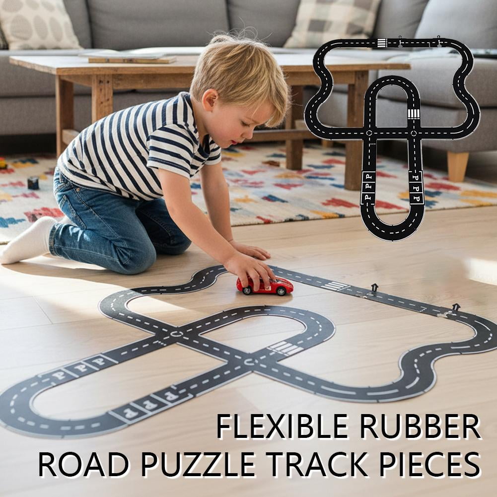 Flexible Rubber Road Puzzle Track Pieces,Waterproof Modular Puzzle Car Highway Tracks,Gift for Indoor