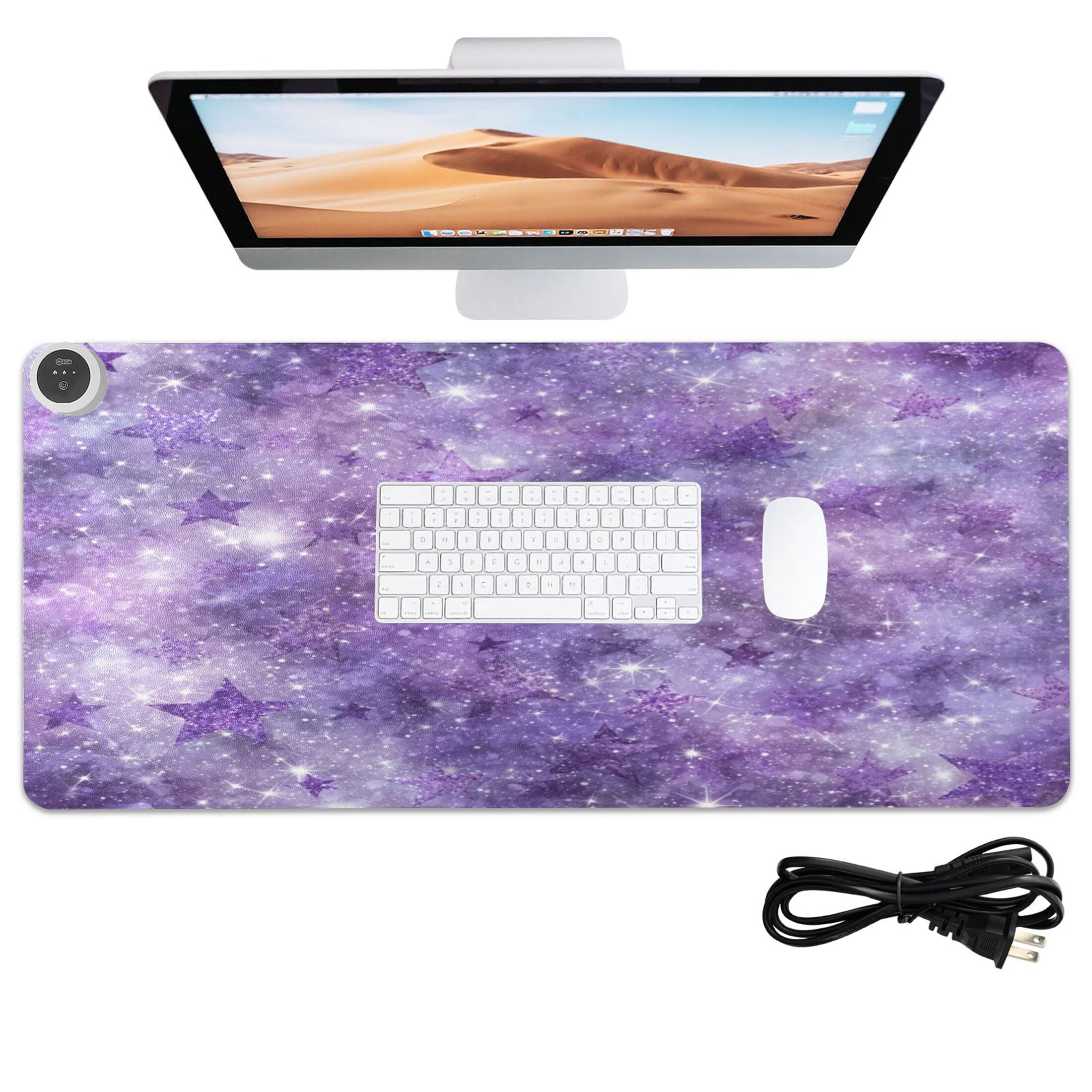 Large Heated Desk Mat Mouse Pad 31.5"x13"PU Leather Graphene Heating Desk Warmer with 3 Temperature Settings 110V US Plug Non-Slip Warm Pad for Home, Office, and Gaming Purple Cosmic Galaxy Pattern