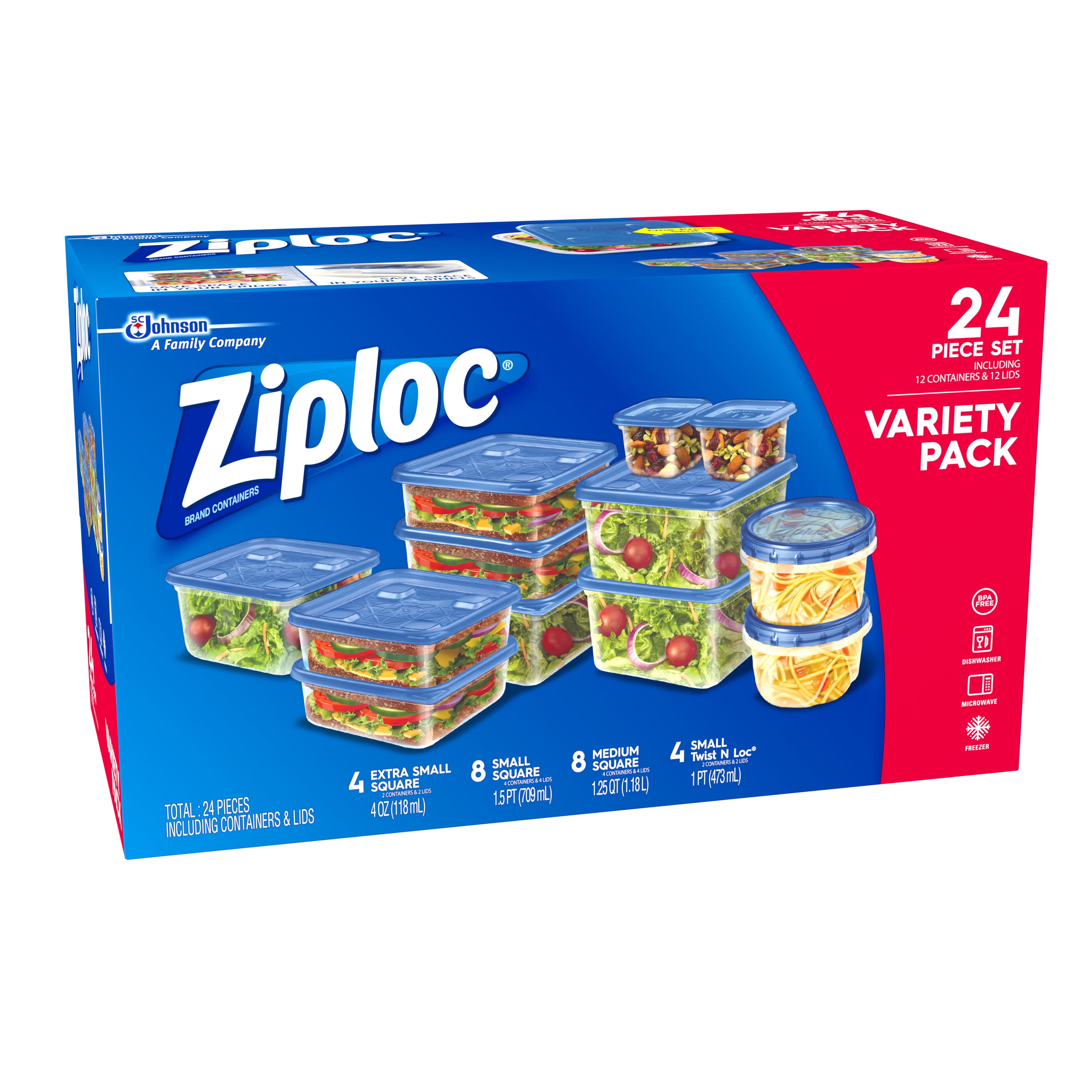 Ziploc Containers Variety Pack 2.48L Total 12 Plastic Containers and 12 Plastic Lids for Food Storage