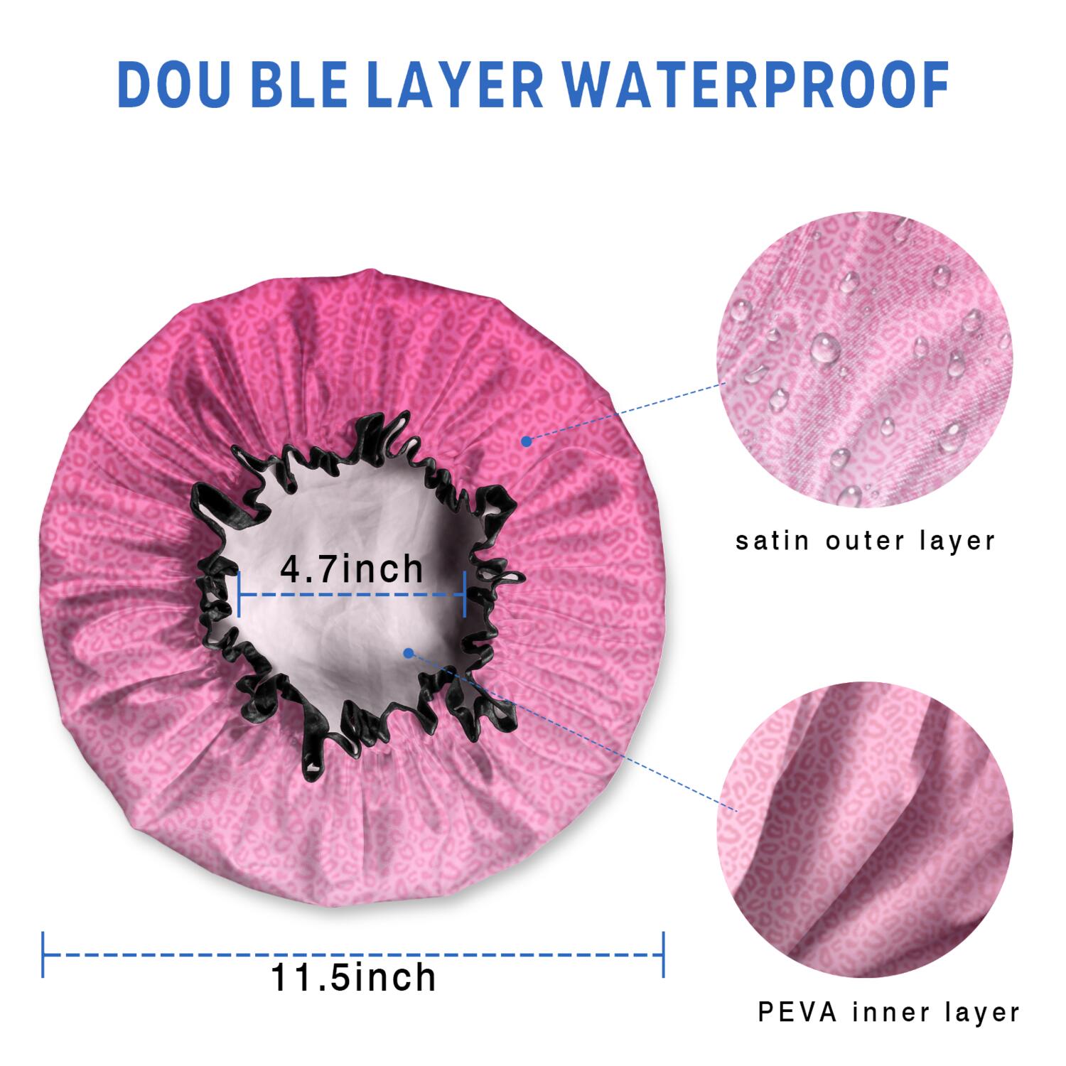 Shower Caps,Pink Gradient Leopard Print Waterproof Shower Cap for Women 4 Pieces,Double Reusable Hair Cover for Shower PEVA Elastic Stretch Hem