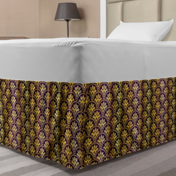 Yellow Damask Bed Skirt, Fish Scale Style Traditional Eastern Peacock Motif and Braid Stripes, Elastic Bedskirt Dust Ruffle Wrap Around for Bedding Decor, 4 Sizes, Yellow and Purple, by Ambesonne