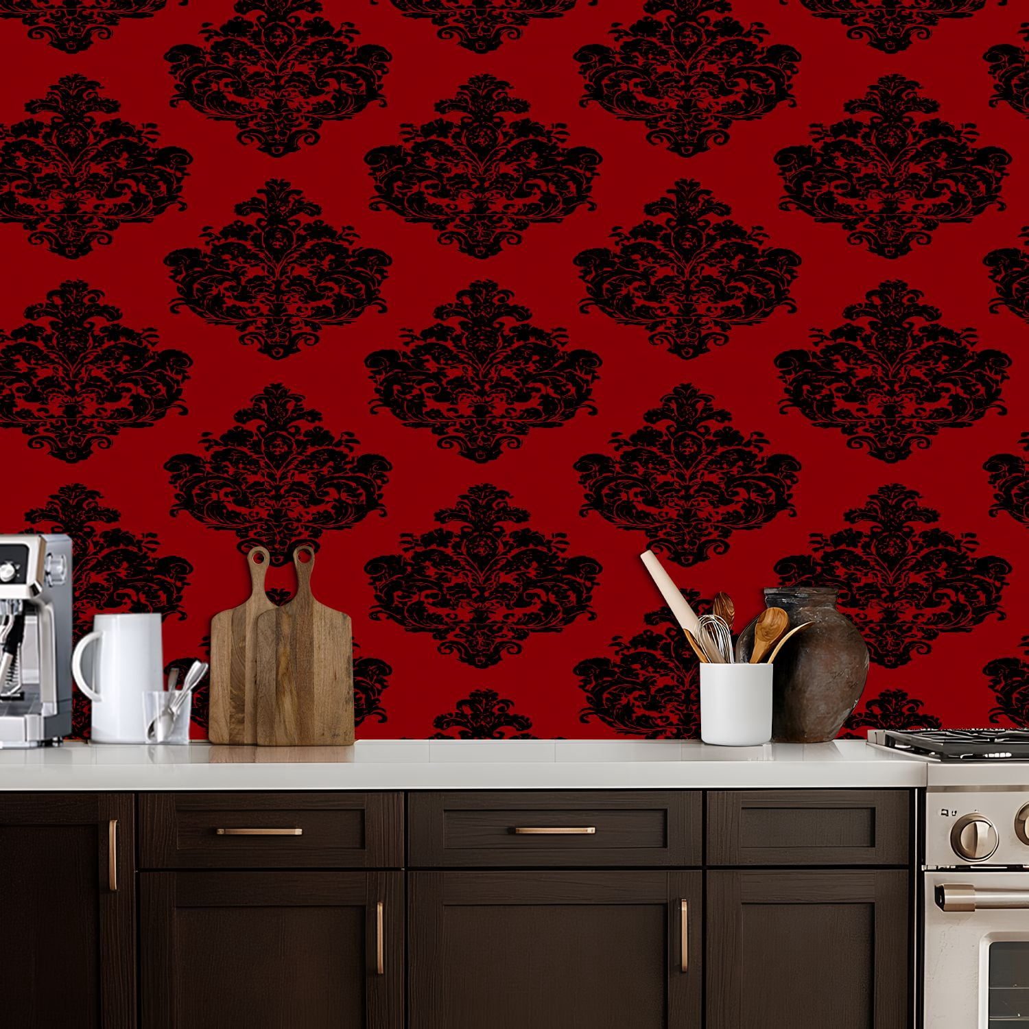 Vintage Peel and Stick Wallpaper Black Red Floral Damask Vintage Elegance baroque Wall Mural 17.7in x 9.8ft Self Adhesive Removable Wall Paper Renter Friendly Wallpaper for Bedroom Livingroom Office