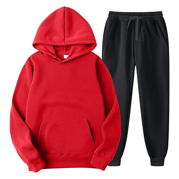 Ediodpoh Men's Suits Mens Color Matching Two Piece Hooded Pocket Lace up Pullover Sweater Pants Set Suits Men Sweatsuits Sets Red XXL