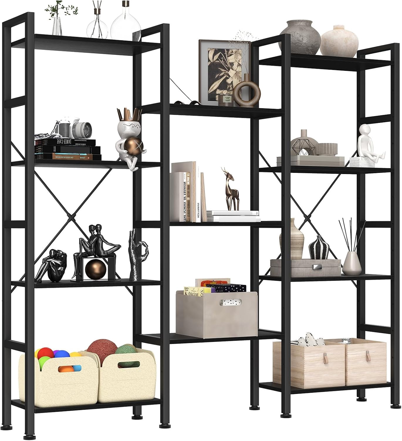 Atilioo Triple Bookshelf, 4-Tier Wide Bookcase with 11 Open Tall Display Shelves, Modern Industrial Book Shelves for Living Room Home Office, Black