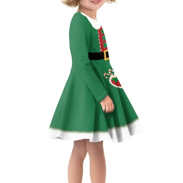 elf skater dress Fkelyi Christmas Santa ELF Costume Long Sleeve Dresses Breathable Green Swing Skater Dress Novelty Soft Girls Dresses Size 3-4 Years Party Dress,