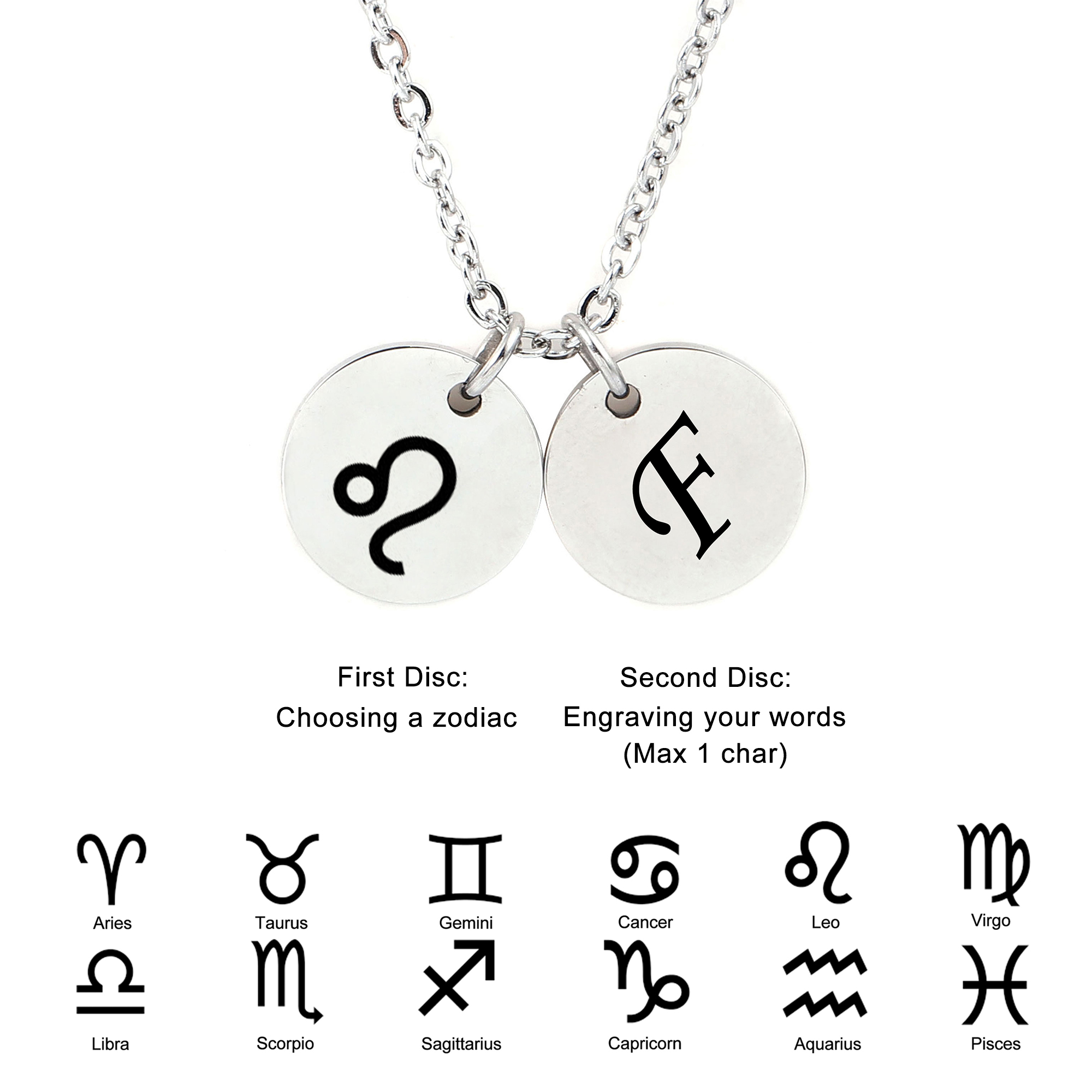 Anavia Stainless Steel Silver Personalized Round Constellation Initial Necklace Engraved Zodiac Symbol Jewelry 18 inch Chain