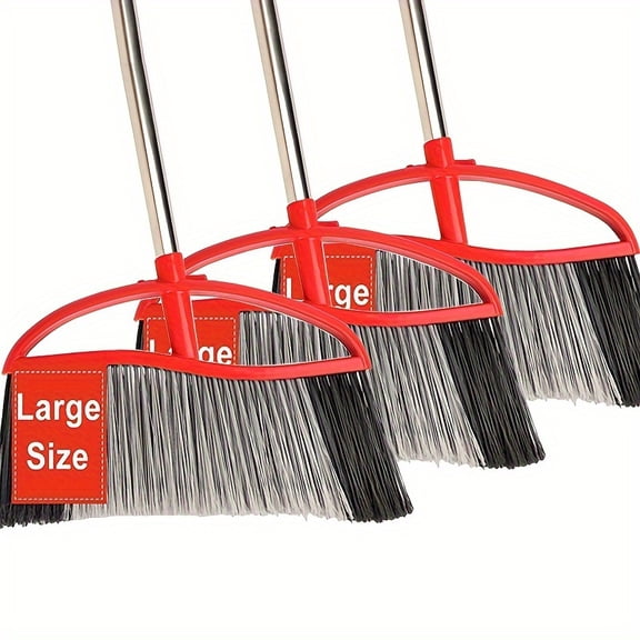 3pcs Heavy Duty Red Brooms with Long Handles - 15.7'' Wide, Stiff Bristles for Outdoor & Indoor Use - Perfect for Patio, Garden, Garage, Yard Cleaning