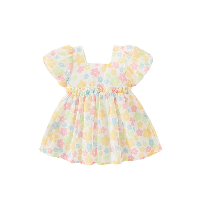 xiaxaixu Robes de Fille, Manches Courtes Col Carré Imprimé Floral Ébouriffé Princesse A-Doublé Partie Robe de Taille Haute 9M-3Y
