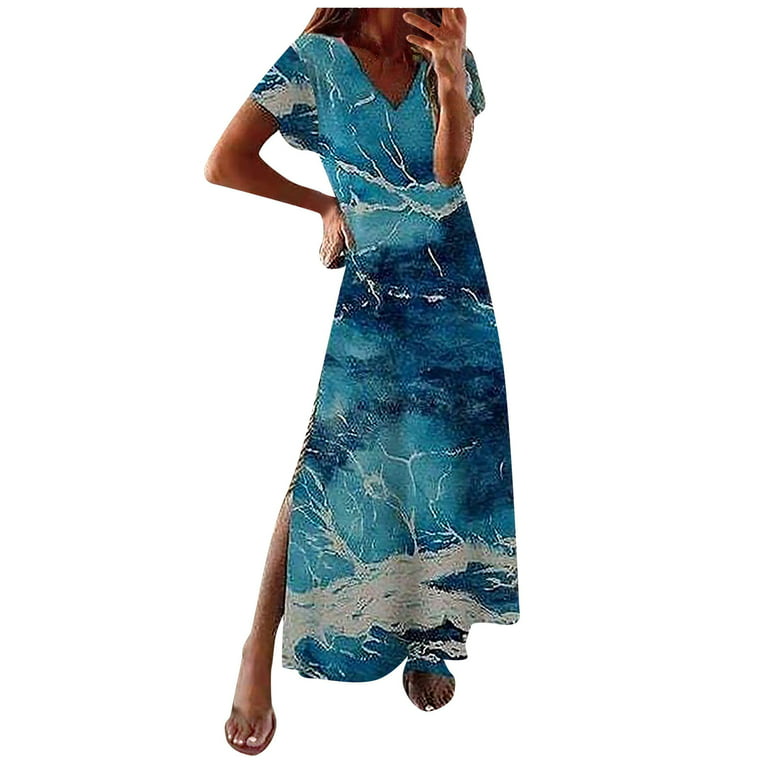 YUNAFFT Womens Dresses Clearance Women's Boho Summer Printed Short Sleeve  Smocked Flowy Tiered Party Dress Beach Maxi Dress Sale 
