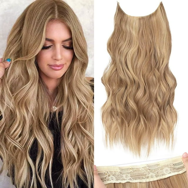 DssengInvisible Wire Hair Extensions with Transparent Headband Adjustable Size 4 Secure Clips Long Wavy Highlight Hairpiece 20 Inch Balayage Dark Brown to Chestnut for Women