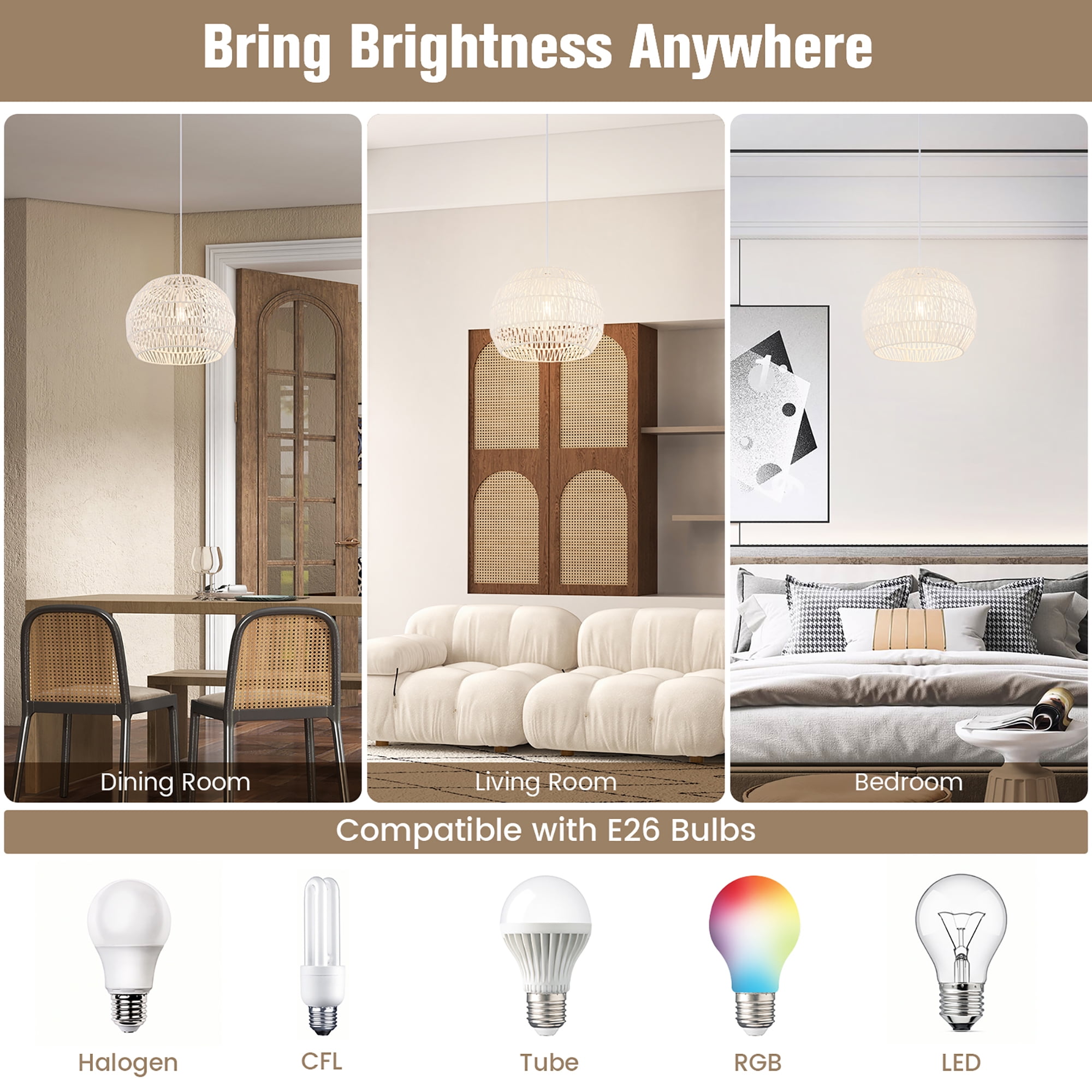 Costway 17.5'' Round Paper Pendant Ceiling Light Fixture with Adjustable Hanging Rope