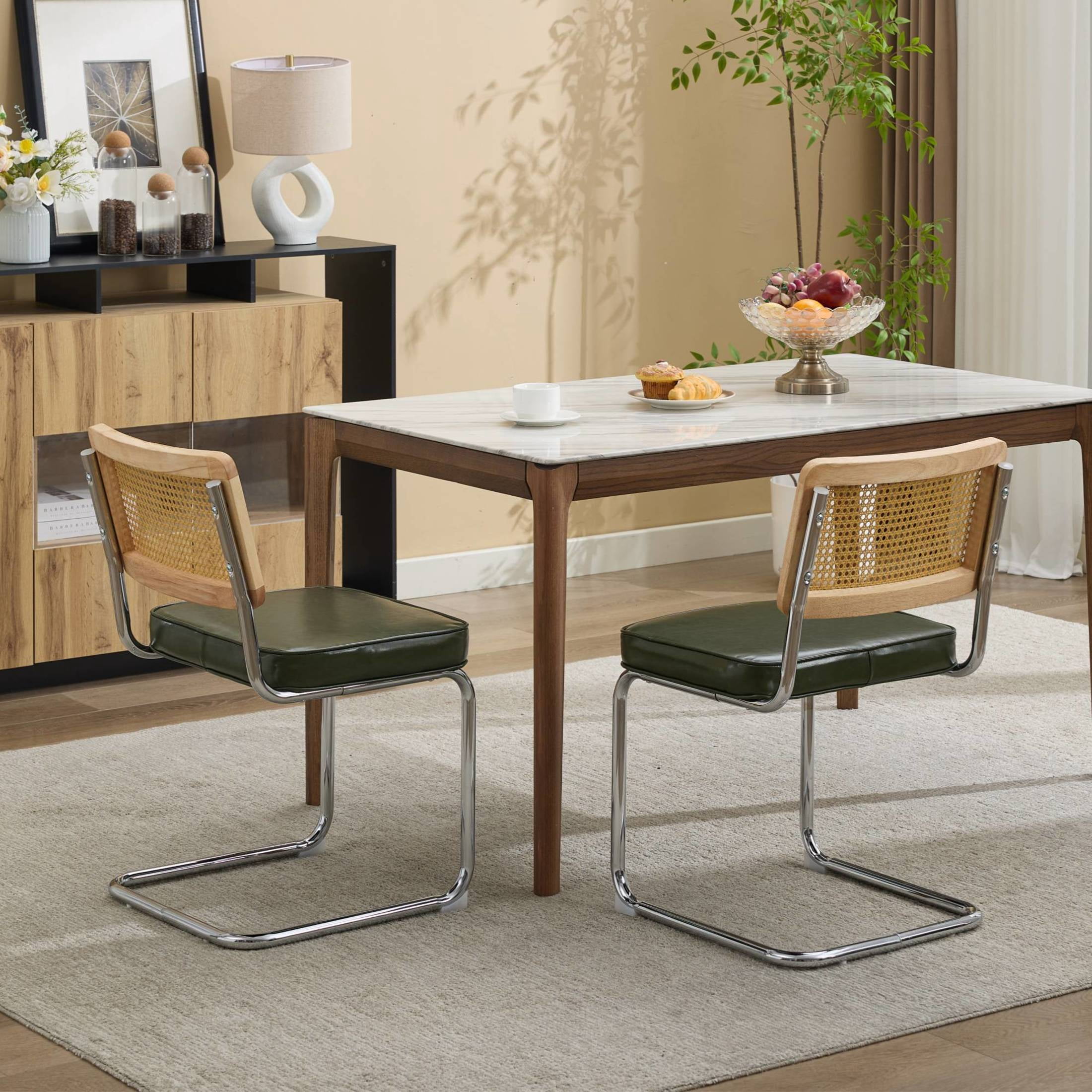 GDF Studio 23.2" Dining Chairs Set of 2 with PU Upholstery, Natural Cane Back & Chrome Metal Base, Olive Green