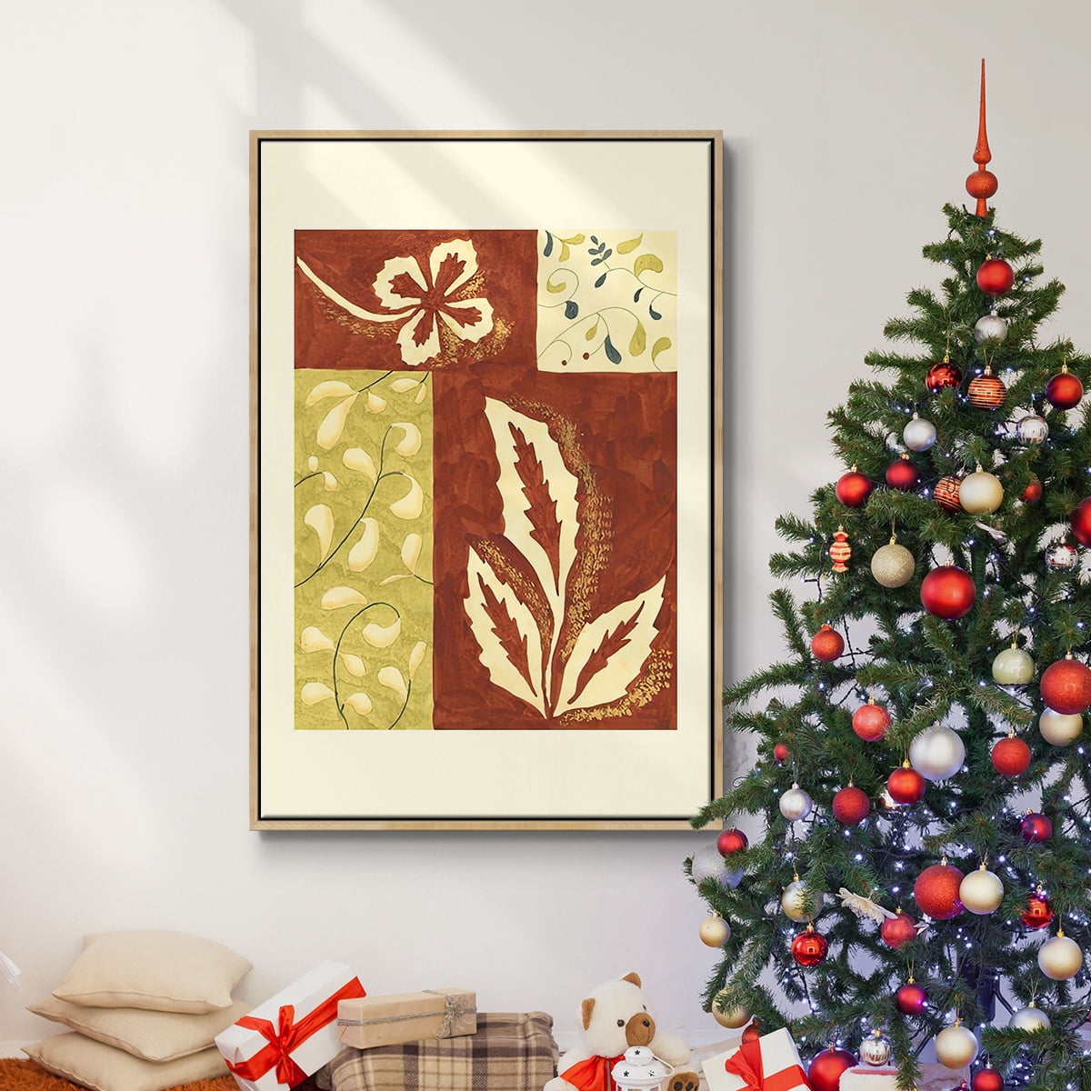 Festive Floral I - Framed Gallery Wrapped Holiday Canvas - 27 x 41 - Natural Wood Frame