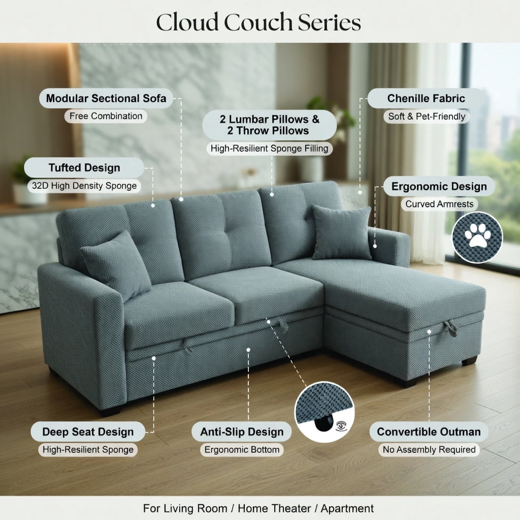 Hommoo Mid-Century Modern L-Shaped Sleeper Sectional Sofa with Pull-Out Bed, Reversible Chaise & Hidden Storage, Convertible Living Room Furniture for Small Spaces, Light Gray