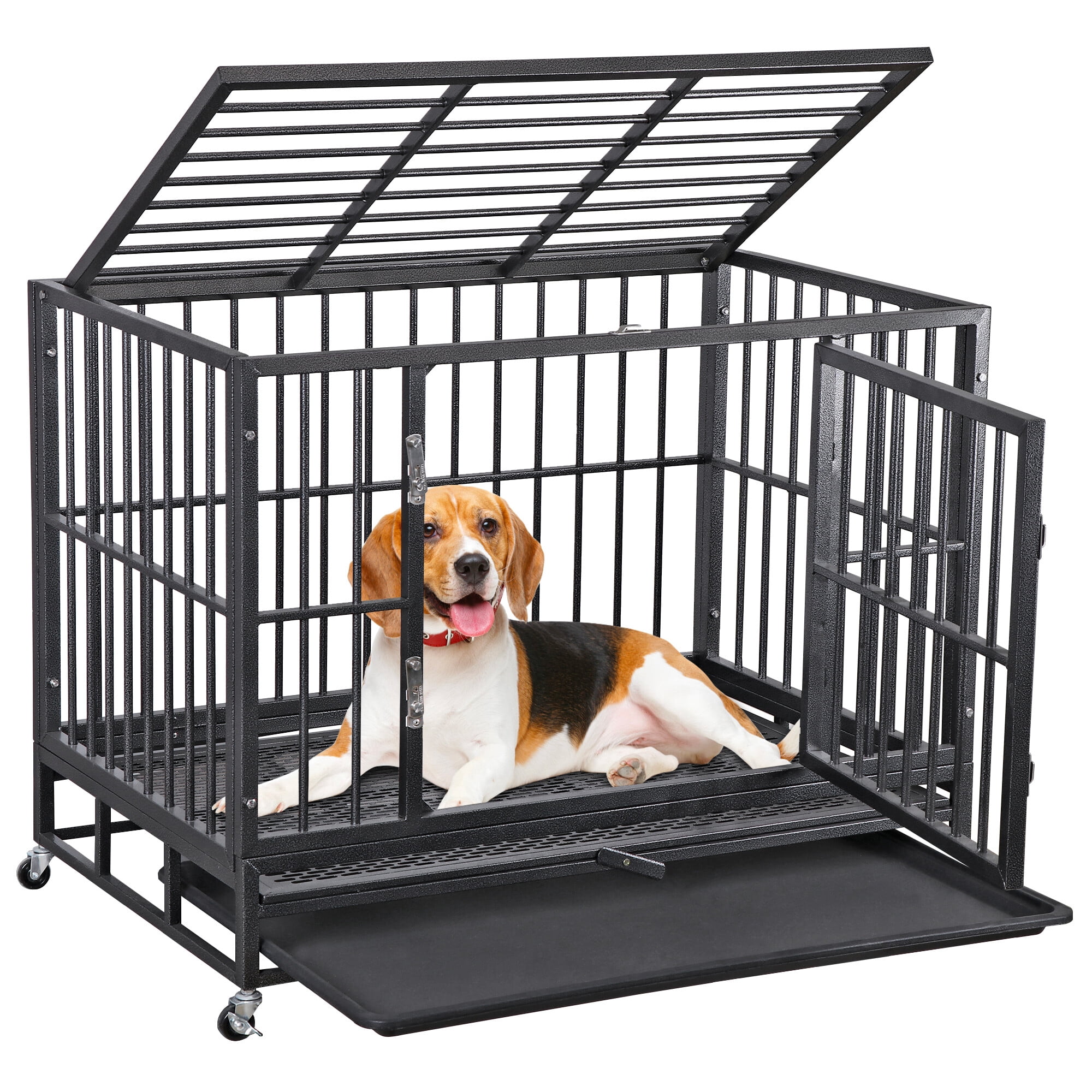 HomGarden 38-in Heavy Duty Pet Dog Crate High Anxiety Medium Dog Cage Kennel W/Lockable Wheels & Tray
