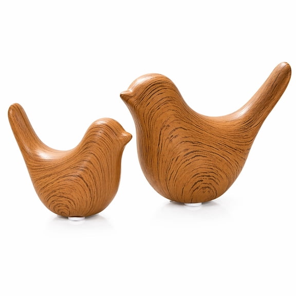 Ceramic Bird Figurines Set of 2, Wooden Look Farmhouse Decor, Rustic Bird Statues, Modern Minimalist Tabletop Ornament for Living Room Shelf Desk Coffee Table