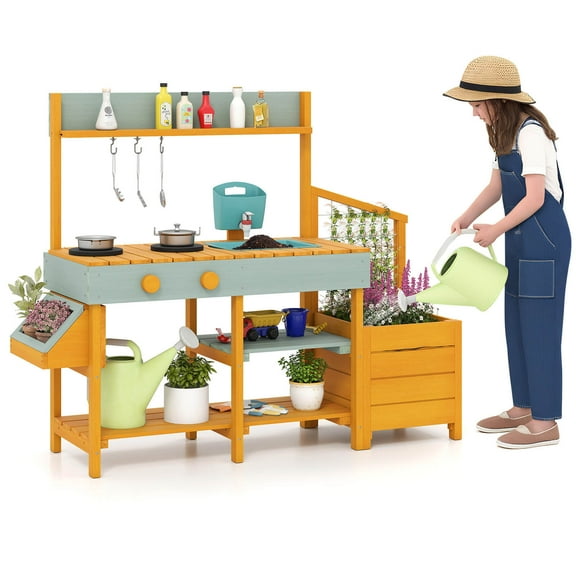 Costway Play Kitchen for Kids Wooden Toy Kitchen Playset with Removable Faucet & Sink Yellow