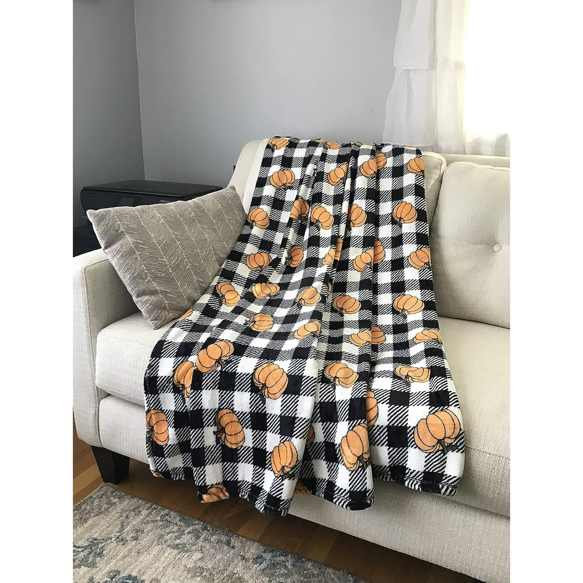 Halloween Home Decor Fleece Throw Blanket Black White Gingham Check with Pumpkins Design on Soft Velvet Throw Blanket Size 60 x 50 Walmart
