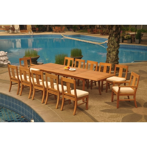 Grade-A Teak Dining Set: 12 Seater 13 Pc: 118" Double Extension Rectangle Table And 12 Osborne Chairs (2 Arm & 10 Armless Chairs) WholesaleTeak #WMDSWVm