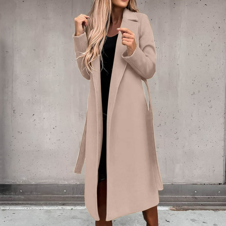 Brnmxoke Womens Trench Coat Long Faux Wool Coat Winter Notched