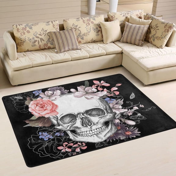 SKYSONIC 72x48in Flower Skull Area Rug, Skeleton Floral Floor Carpet for Indoor Living Dining Room and Bedroom Area