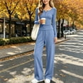 thumbnail image 2 of QIYAGBSA 2 Piece Sets for Women Long Sleeve Henley Neck Top and Straight Leg Pants with Drawstring Pockets Relaxed Fit Casual Lounge Wear (Blue XL), 2 of 9
