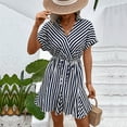 thumbnail image 4 of Sundresses for Women 2025 Summer V Neck Short Sleeve Dresses Front Pleated Sundress Elastic High Waist Sun-Dress Dressy Causal A-Line Dresses Going Out Beach Vacation Dress, 4 of 7