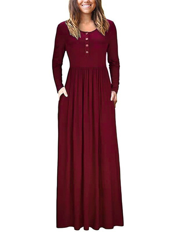 DYMADE Women's Henley Round Neck Long Sleeve Pocketed Maxi Dress ...