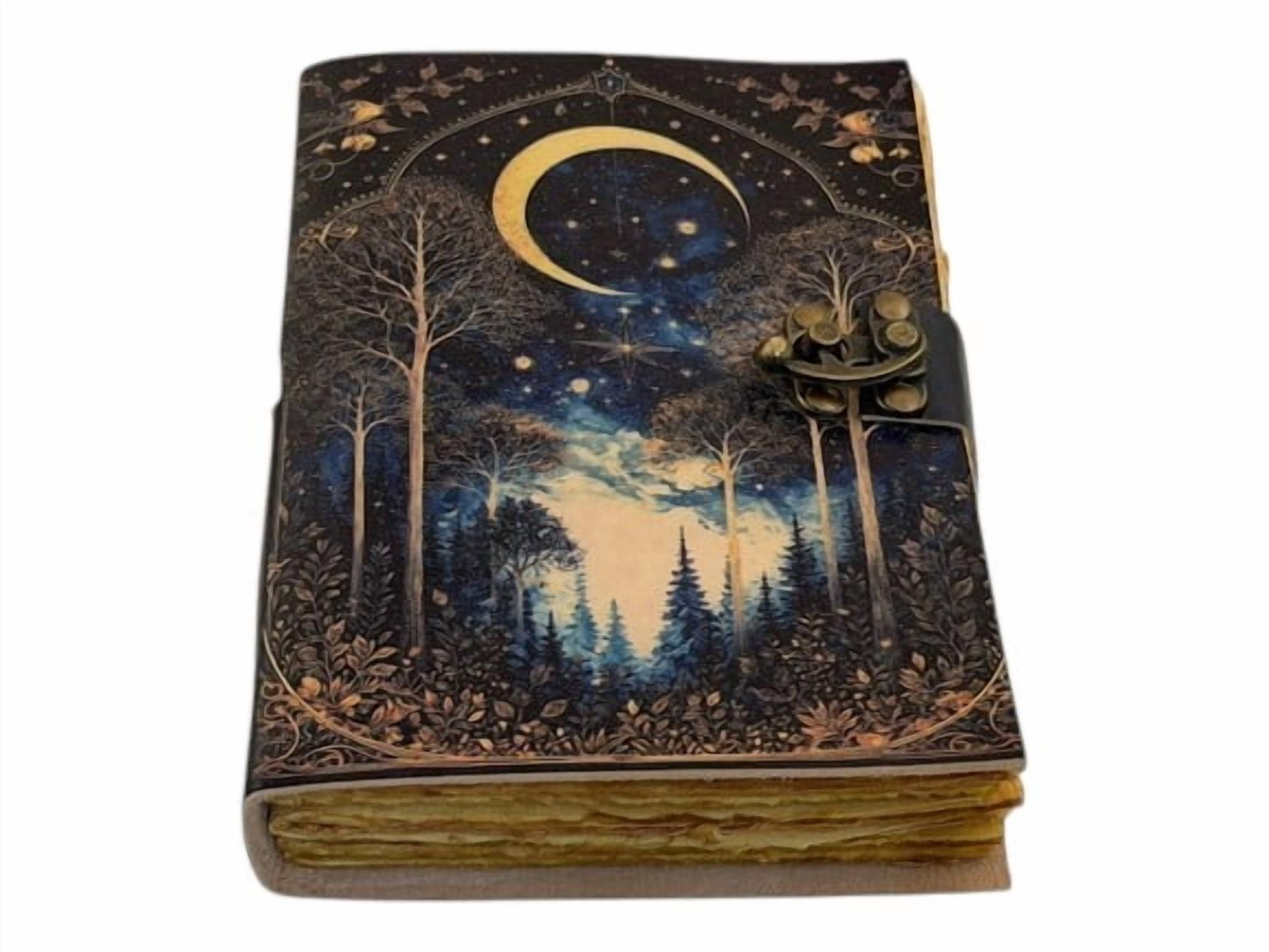 Handmade Leather Journal with Moon & Forest Design, 200 Deckle Edge Pages, 5x7 Vintage Notebook with Metal Clasp