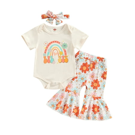 

Newborn Outfit Baby Girl Romper Floral Bell Bottoms Headband Summer Clothes 3Pcs