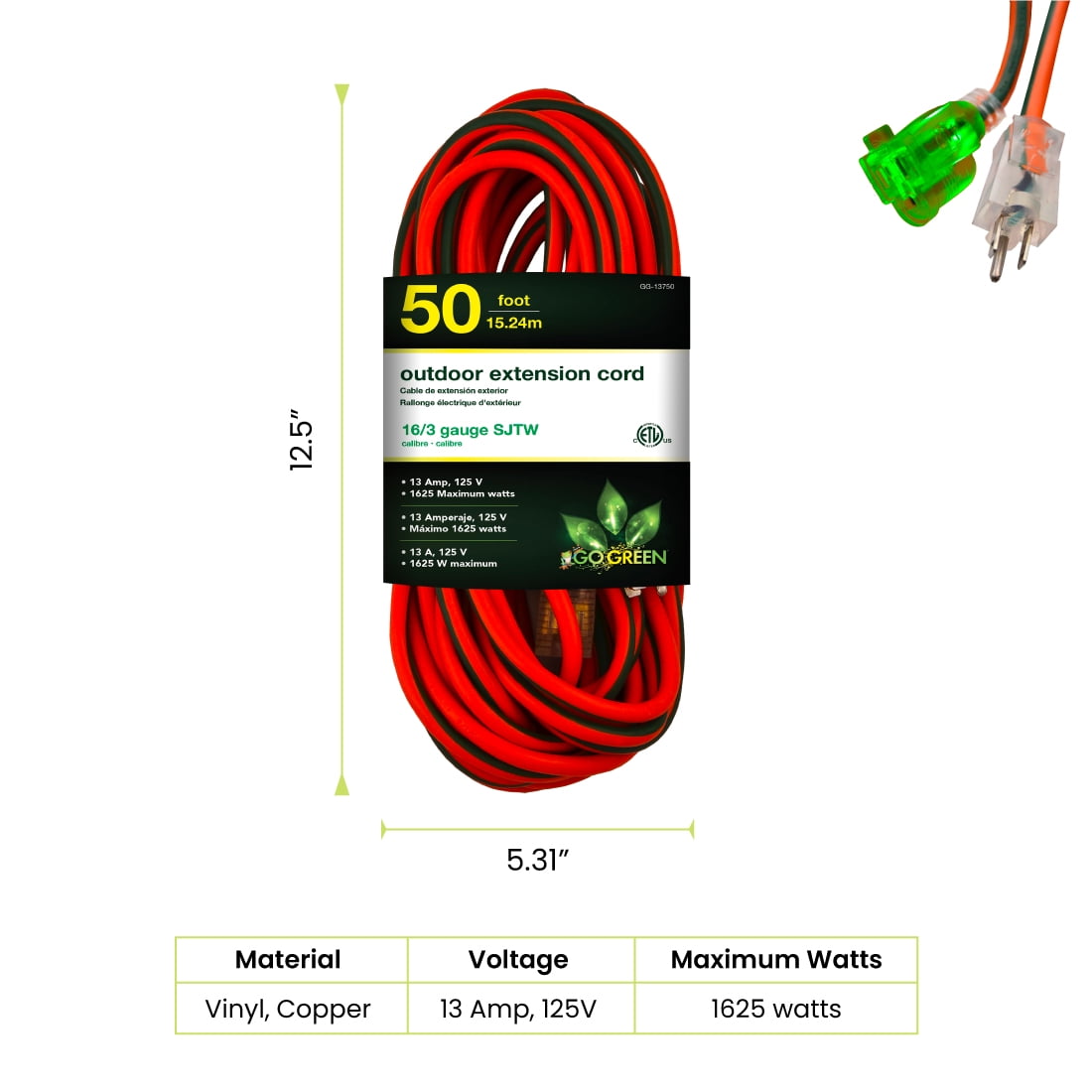 GoGreen Power 16/3 50' 13750 Heavy Duty Extension Cord, Lighted End