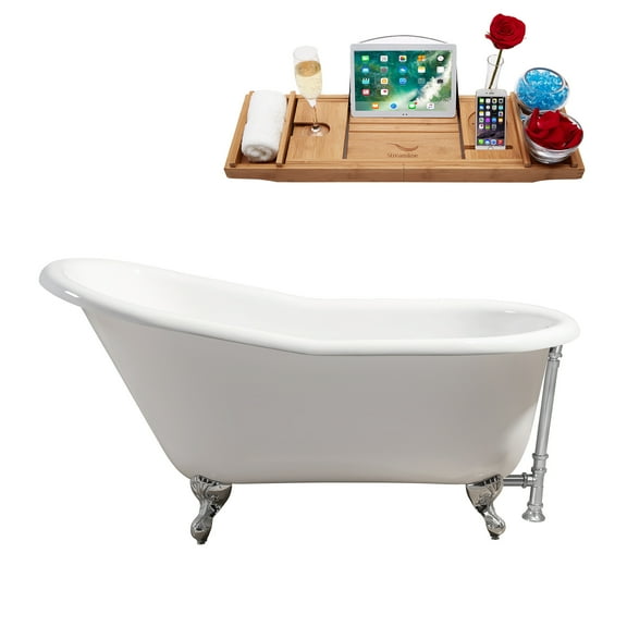 60" Streamline N100WH-CH Soaking Clawfoot Tub and Tray With External Drain
