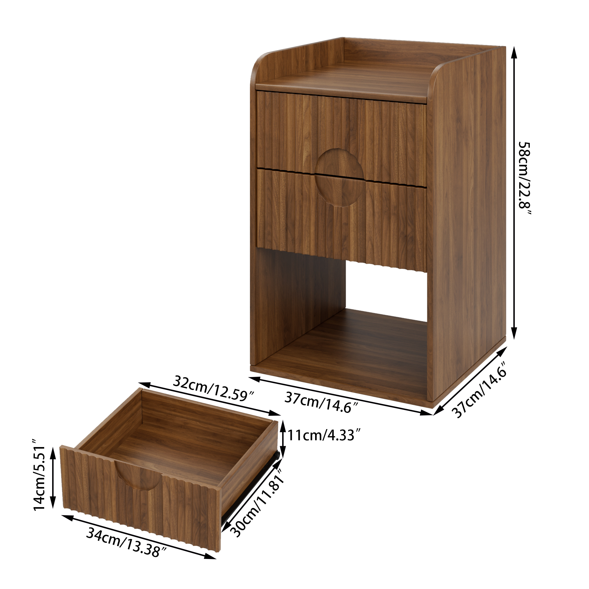 Nightstand Set of 2, End Table with Drawer, Fluted Side Table with Storage, Small bedside Table for Bedroom, Walnut