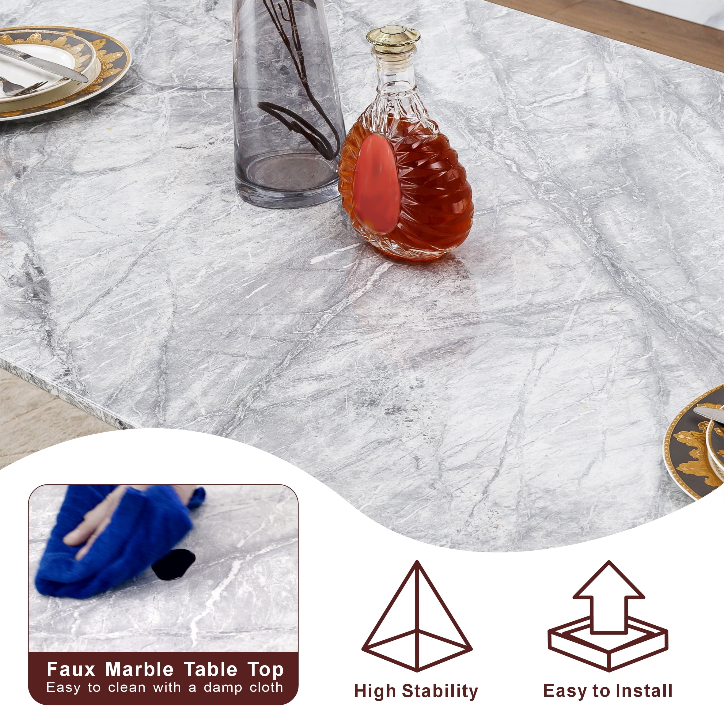 Shikeyi 70" Marble Dining Table for 6-8, Modern Luxury Gold Rectangular Large Kitchen Table, Marble Grain MDF Tabletop & Stainless Steel Base for Kitchen Dining Room, Grey (Table Only)