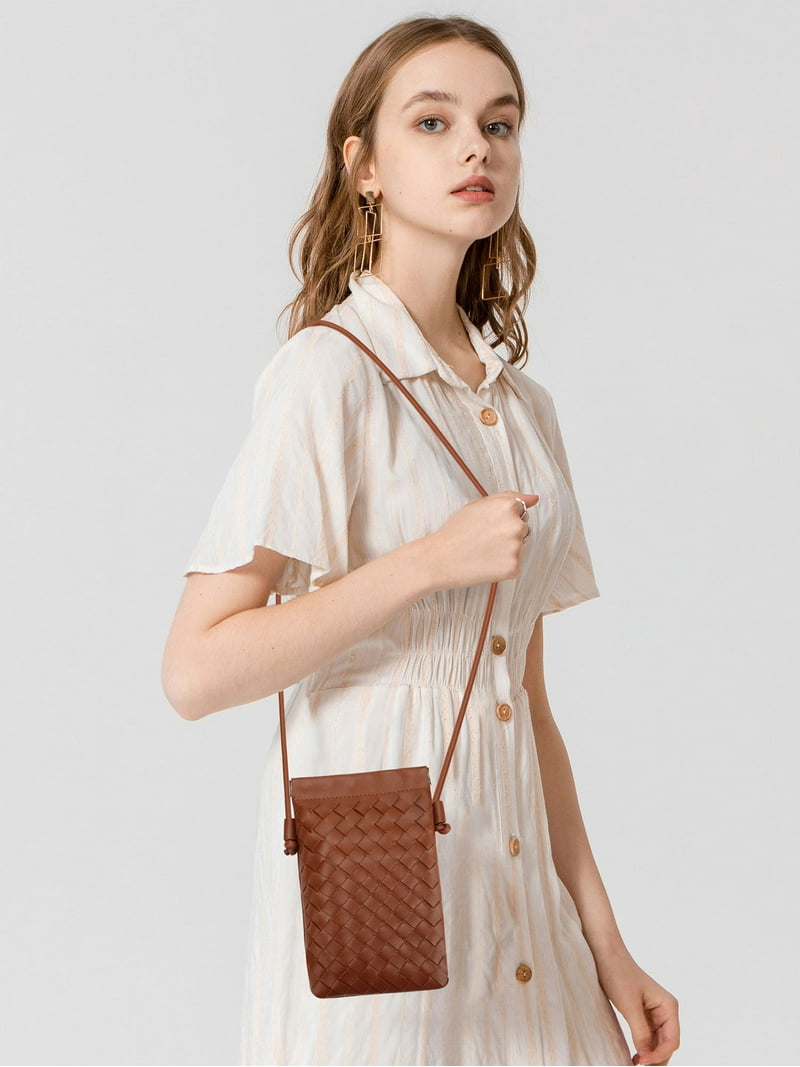 TSV Woven Small Crossbody Bag, PU Leather Cell Phone Bag with